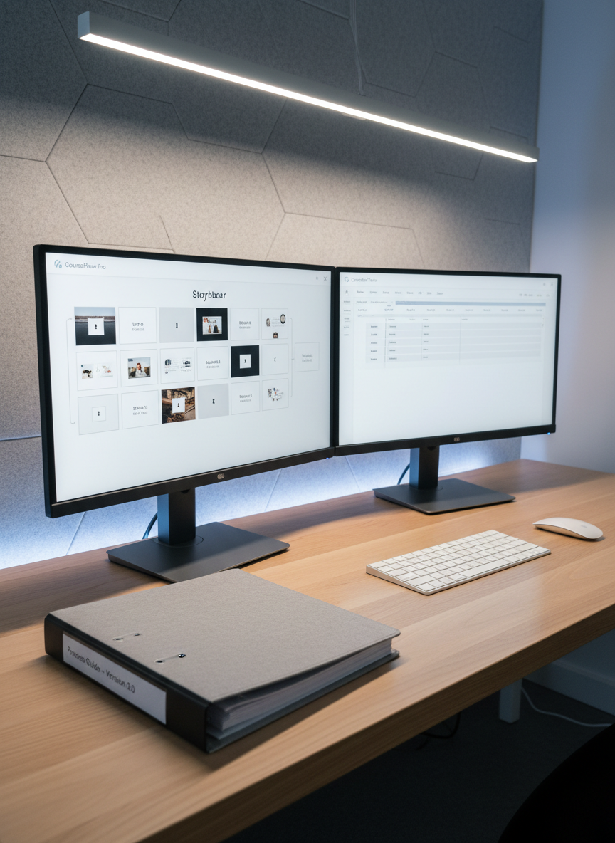 A modern dual-monitor setup on a light wood desk, both screens displaying different stages of an eLearning project: one shows a storyboard with thumbnail slides, the other a clean authoring tool interface with a timeline and layers. A closed, branded binder labeled “Process Guide – Version 3.0” sits parallel to a minimalist wireless keyboard and mouse. Behind, a neutral-toned acoustic panel wall adds subtle texture without distraction. Cool, even LED task lighting from above and a soft backlight behind the monitors create gentle halo effects and crisp reflections on the desk surface. Captured from a slightly elevated three-quarter angle, everything is in sharp focus. The mood is precise and technical yet approachable, with a structured, corporate aesthetic in photographic realism and a carefully balanced composition.
