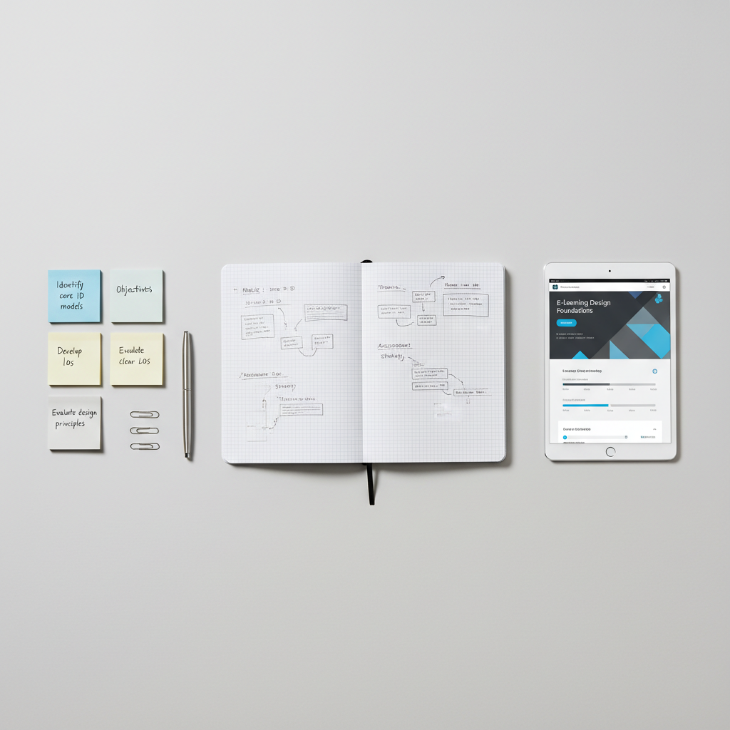 A flat-lay composition of a structured instructional design workspace on a pale grey surface: a gridded notebook open to neatly sketched course outlines, color-coded sticky notes with concise learning objectives, and a slim tablet showing a clean eLearning module interface in neutral blues and greys. Metal paperclips and a minimalist stainless-steel pen are precisely aligned, reinforcing a sense of order. Soft overhead studio lighting creates even illumination and delicate shadows that emphasize the clean geometry of each object. The atmosphere is focused and methodical, with a corporate, professional tone. The image is photographed from a true bird’s-eye view, with strong negative space around the edges, creating a balanced, uncluttered layout in a modern, photographic realism style.