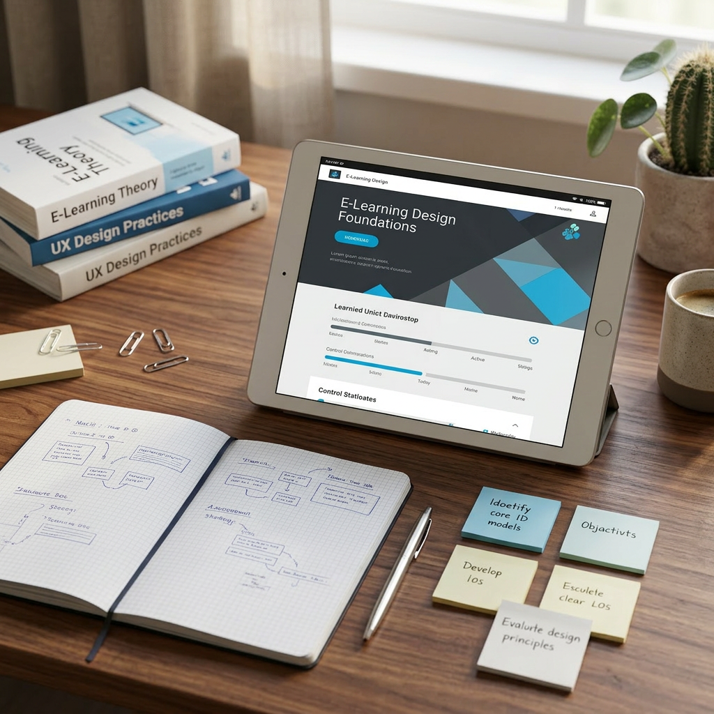 A flat-lay composition of a structured instructional design workspace on a pale grey surface: a gridded notebook open to neatly sketched course outlines, color-coded sticky notes with concise learning objectives, and a slim tablet showing a clean eLearning module interface in neutral blues and greys. Metal paperclips and a minimalist stainless-steel pen are precisely aligned, reinforcing a sense of order. Soft overhead studio lighting creates even illumination and delicate shadows that emphasize the clean geometry of each object. The atmosphere is focused and methodical, with a corporate, professional tone. The image is photographed from a true bird’s-eye view, with strong negative space around the edges, creating a balanced, uncluttered layout in a modern, photographic realism style.
